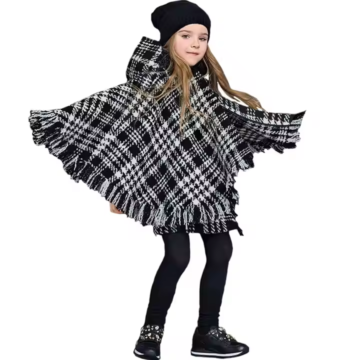 New style best selling girls knitted cape European style Guangzhou Wholesale kids wear winter kids hooded coats with tassels