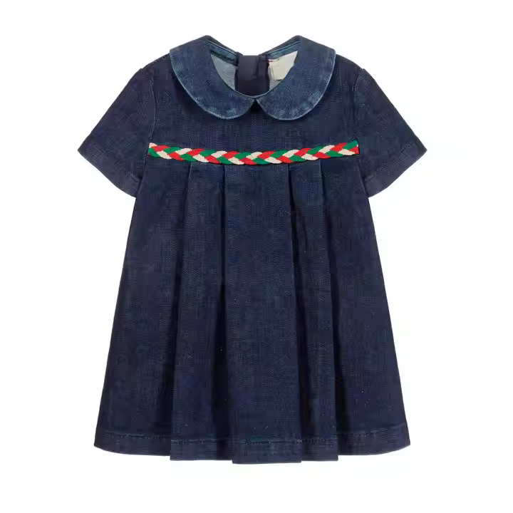 Customized High Quality Washable Pleat Baby Girl Vantage Dress Kids Denim Dress With Peter Pan Collar