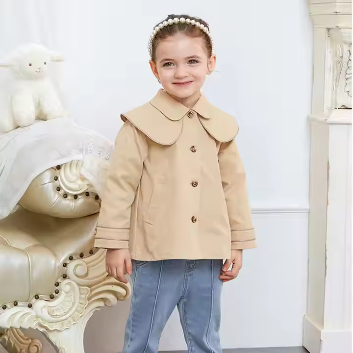 Factory Custom French Windbreaker Children's Chocolate Beige Color Trench Coat in Spring Literary Style Pleated Coat for Girls