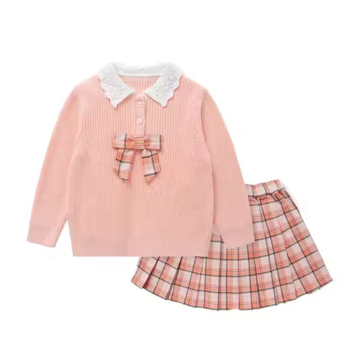 2025 Girls Cotton Sweater With Bow and Plaid Skirt 2pcs Clothing Suit for Autumn and Spring Children's Girls Clothing Sets