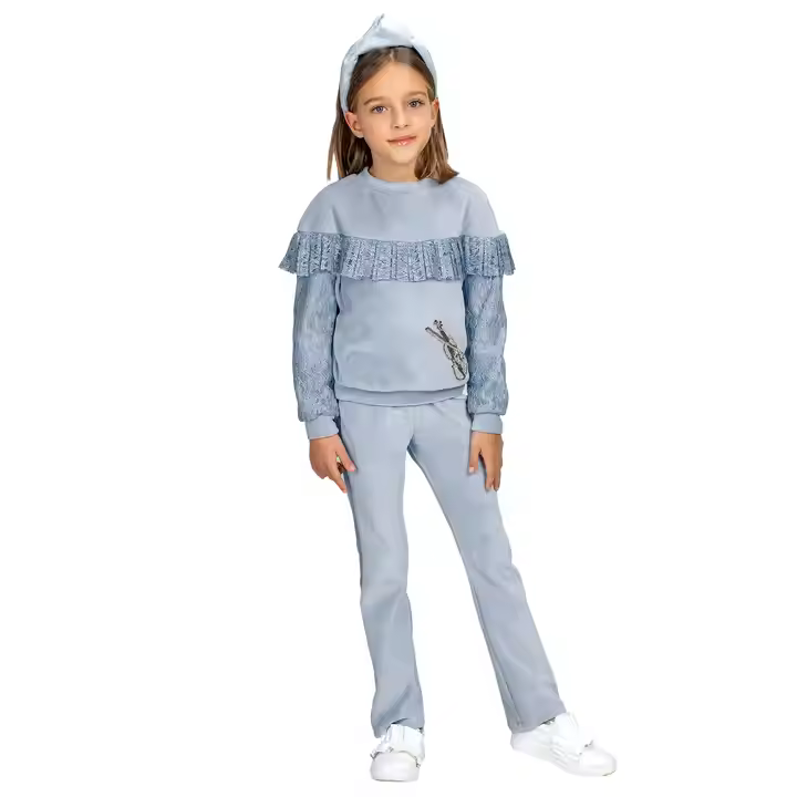 Custom Casual Cotton Velvet Kids Baby Girls' Clothing Sets 2025 Sky Blue Warm Fashion Girls Clothing Sets With Lace Ruffle