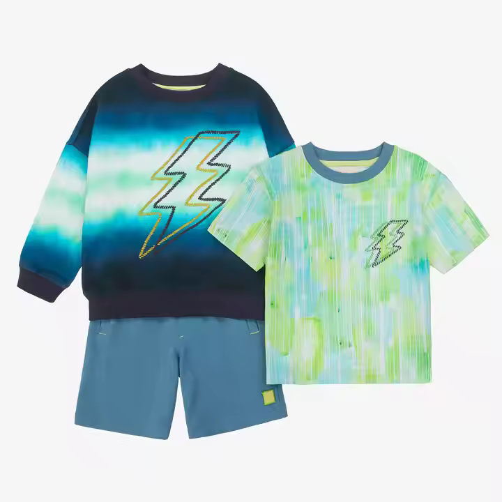 Custom 3-Piece Summer Boutique Clothing Sets for Boys Dip Dye Embroidery Neck T-Shirt Sweatshirt Shorts with Printed Pattern