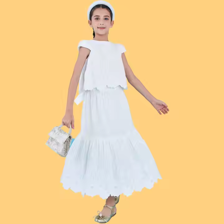 Custom White Girls Summer Two-Piece Clothing Set Heavy Weight Lace Jacquard Blouse with Maxi Skirt Kids Clothing Sets