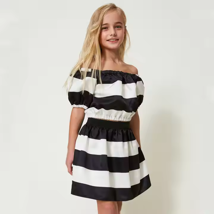 Custom Brand Two-Piece Off-Shoulder Crop Top & Skirt Set Fashion White With Navy Stripe for Teen Girls and Kids