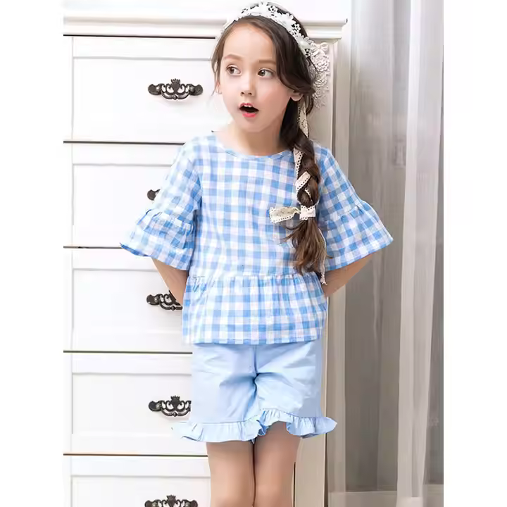 New Style Summer Children Ruffle Plaid Top and Shorts Girls' Clothing Sets