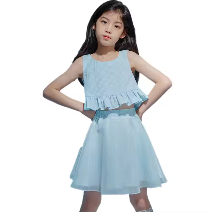 Sweet Baby Girl Clothing Sets Blue Color Plaid Sleeveless T-shirt and Tulle Short Skirt Kid Girl Clothing Sets