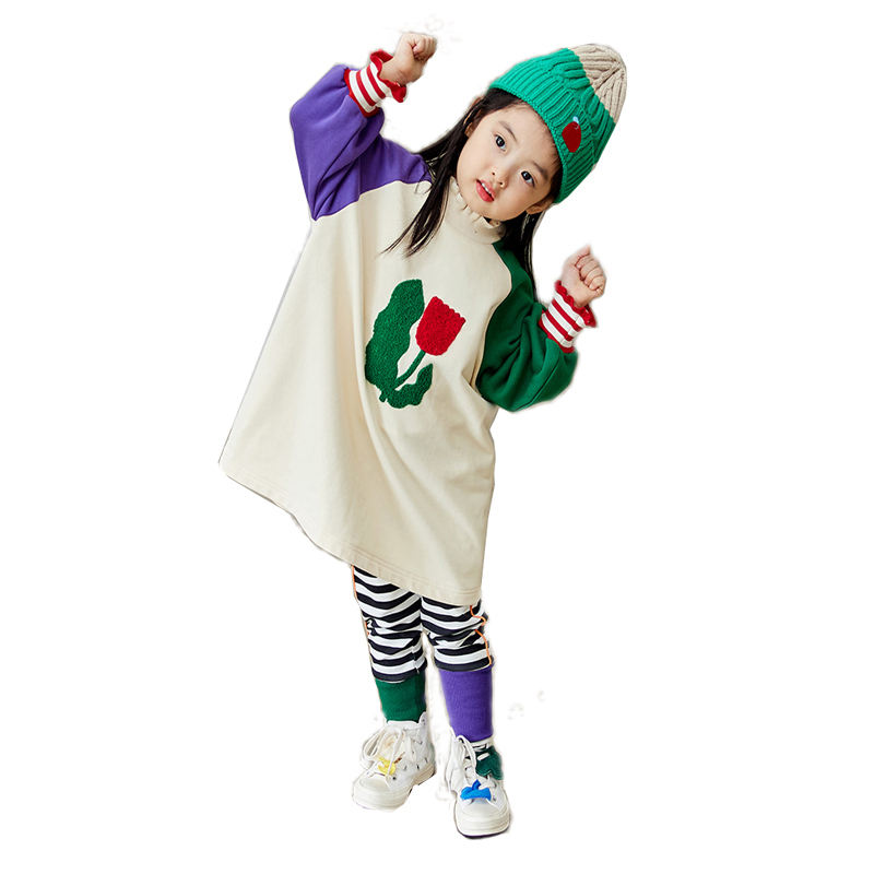 Sustainable Winter Casual Dress for 12-Year-Old Girls Long Sleeve T-Shirt with Flowers Decoration Plus Size Available