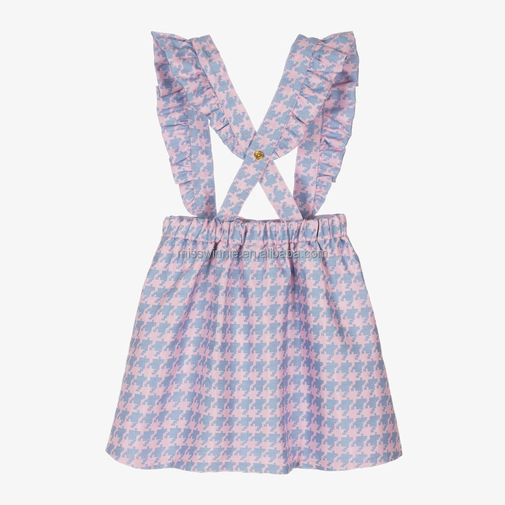 Custom pink Houndstooth Print Girls Dresses Kids Overalls Suspender Skirt Jacquard Fashion Kids Overalls Dress With Ruffles