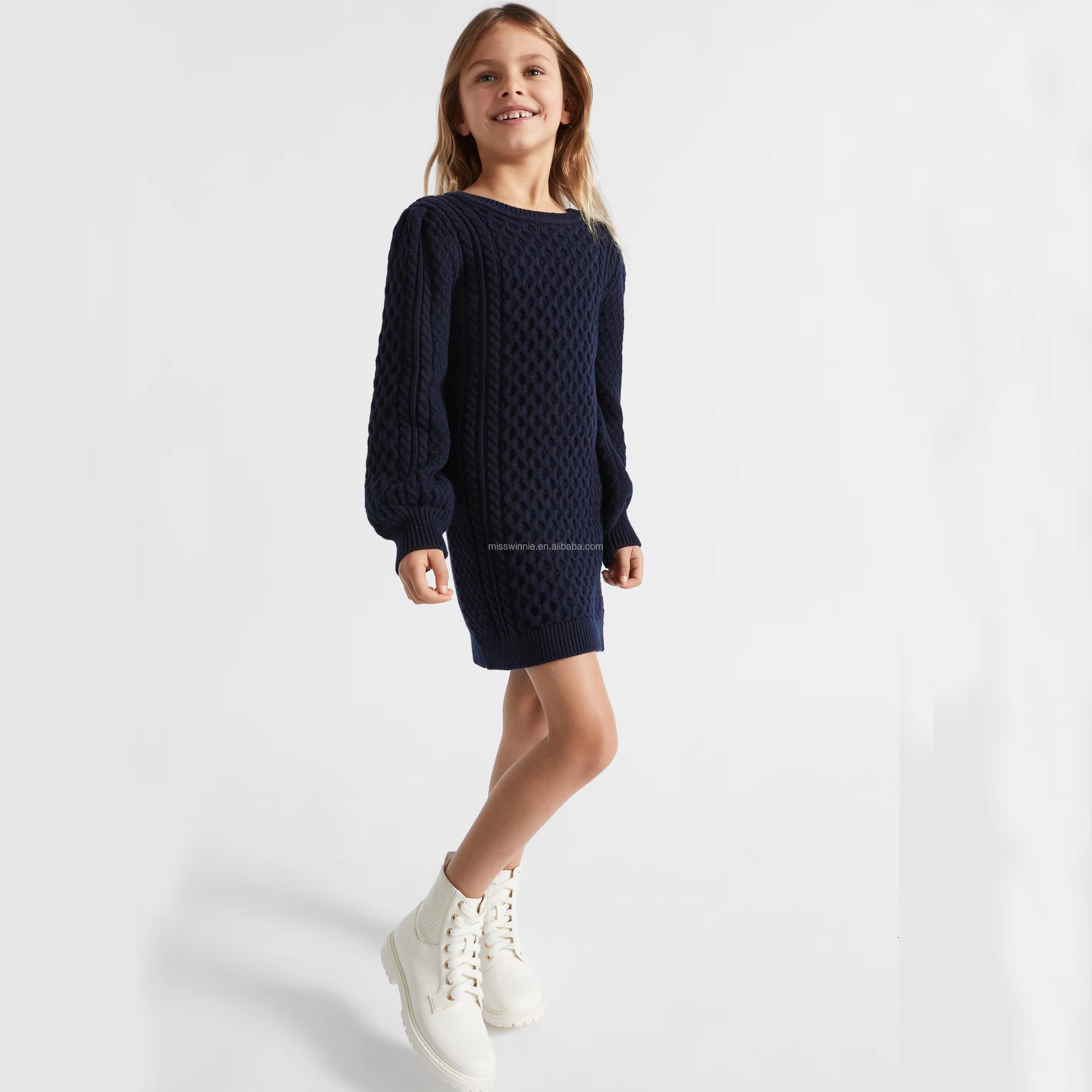 Children's Casual Straight Style Mini Dress Girls' Chunky Knit Jersey Sweater with O-Neck Solid Pattern ODM Supply