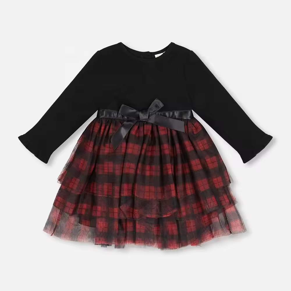 High Quality Custom Black and Red Plaid Girls Dress with Long Sleeves and Lace Layer O-Neck Collar Direct Factory Supply