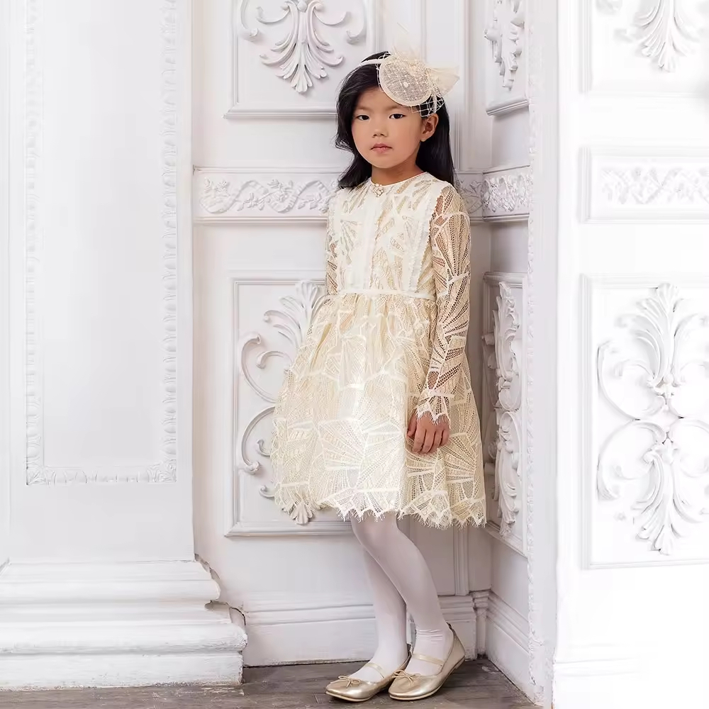Custom High Quality Fancy Lace Gold Color Children Girls Dresses for Party Wedding Birthday Western Style Kids Clothing