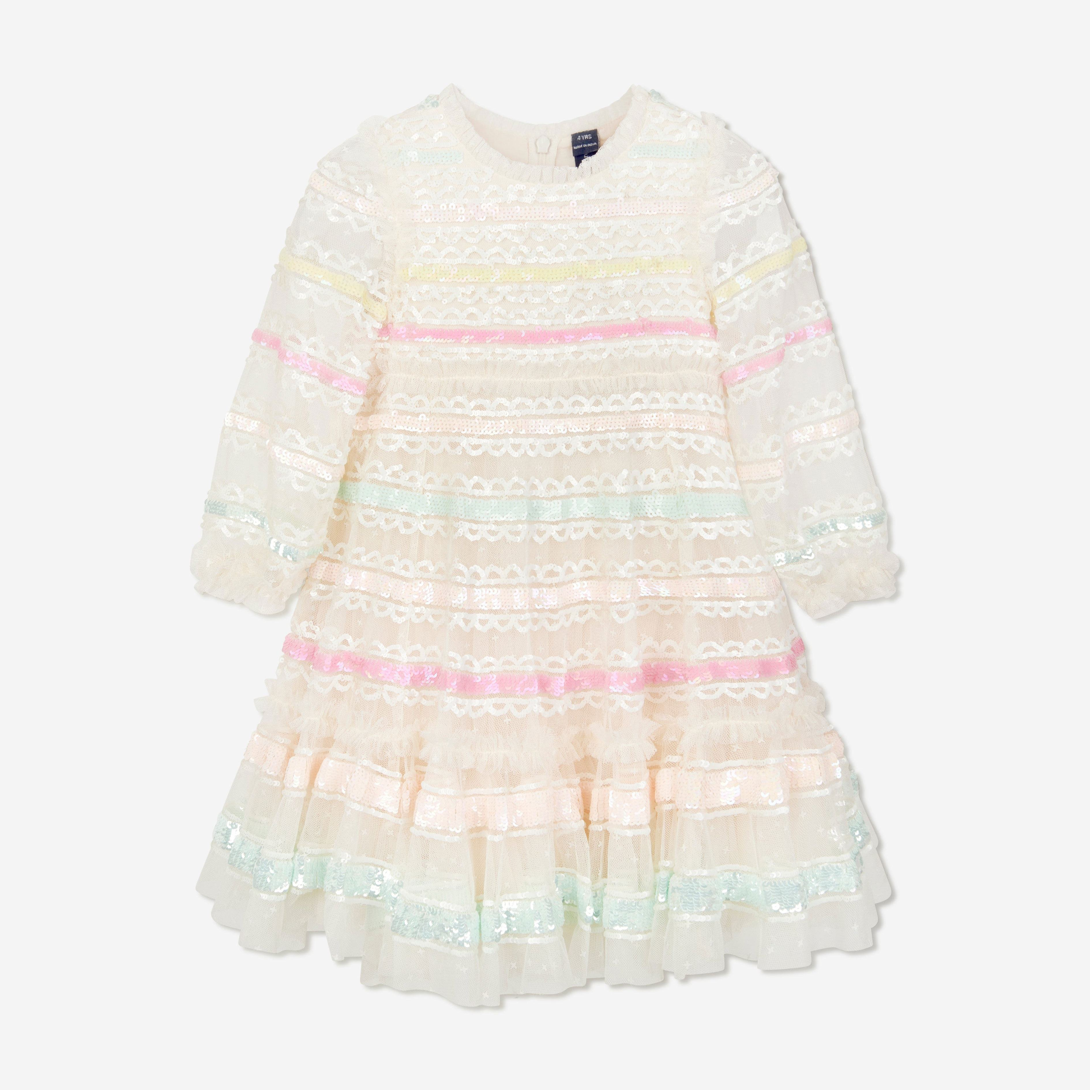 Custom High Quality White Fashion Fancy Lace Girls Dresses With Sequin Trims Puff for Party European Style Kids Clothing Factory