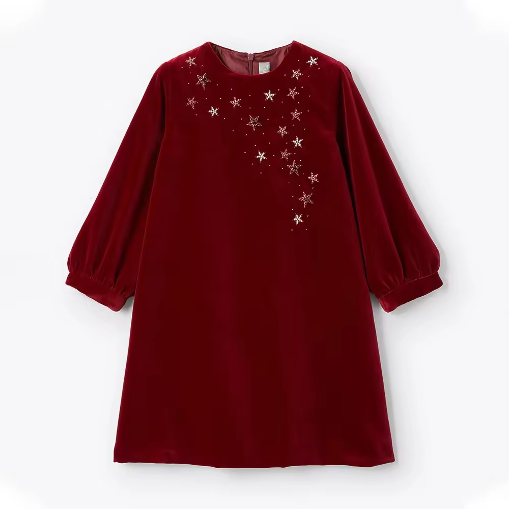 Custom High Quality Long Sleeve Red Rome Style Girls Dresses With Star for Party Birthday Wedding Event Kids Clothing Facto