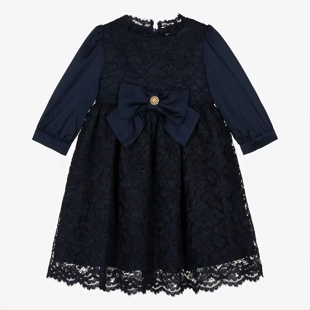 2025 High Quality Black Lace Children Girl Dress With Bow in Spring Autumn for Party Custom New Arrival Kids Clothing Factory