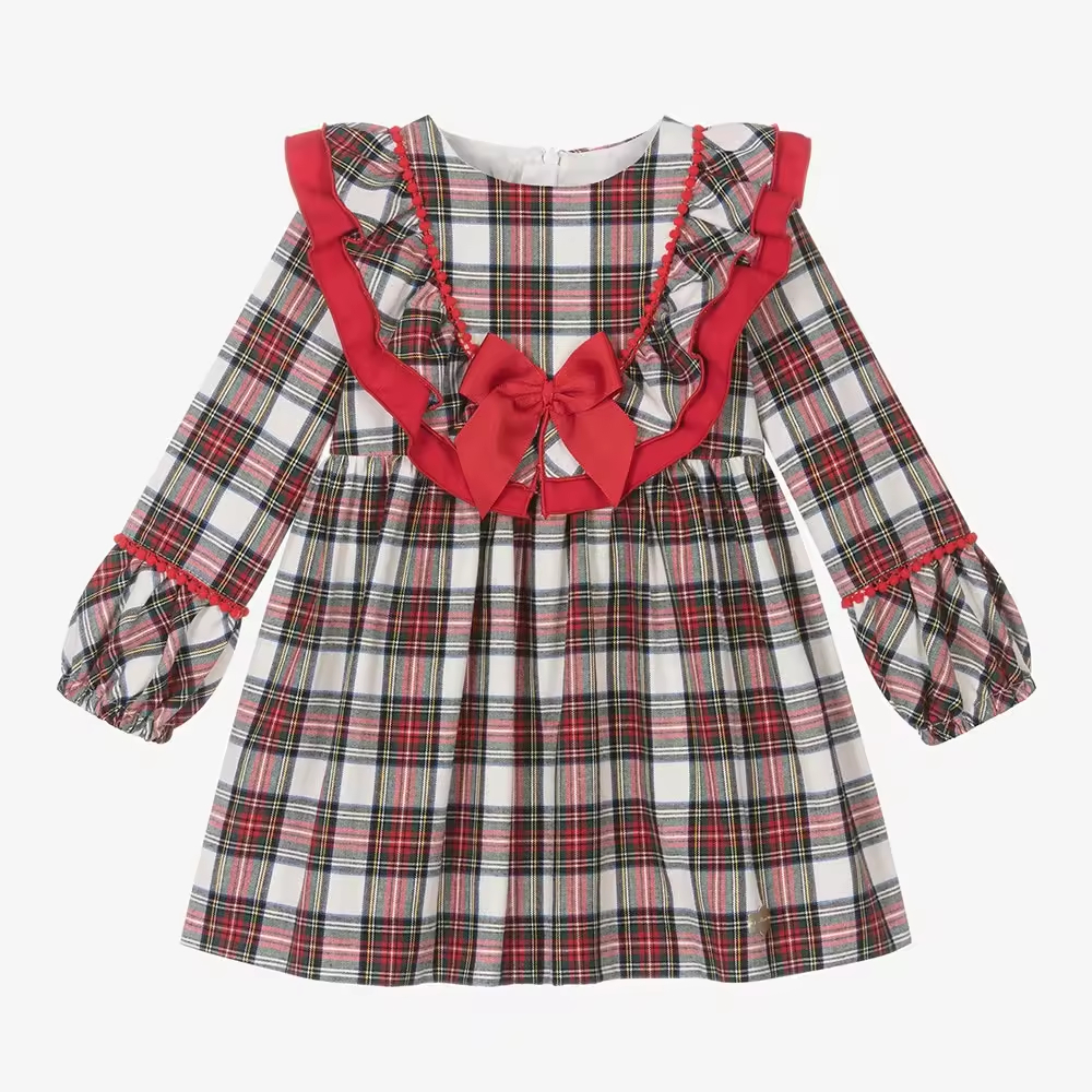 2025 Hot Sell Plaid Girls Dress With Bow in Spring Oem Odm High Quality School Uniform Kids Clothing for Children