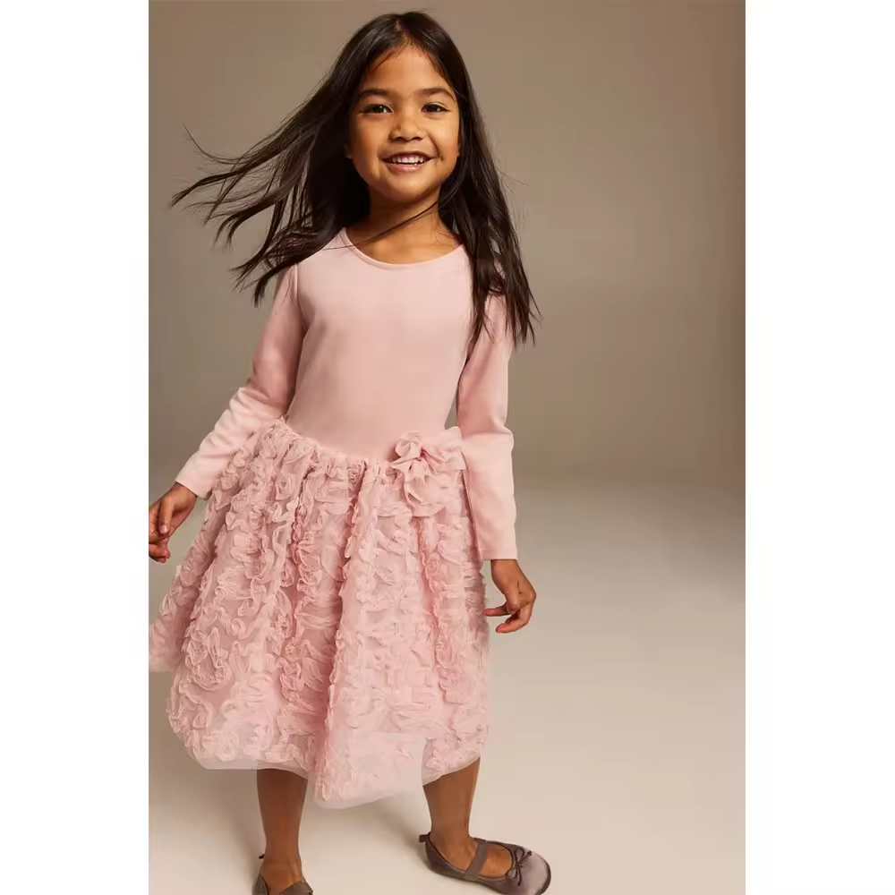 Custom New Arrival pink Children Girl Winter Dress With Floral Hand Embroidery for Party Birthday Wholesale Kids Clothes Factory