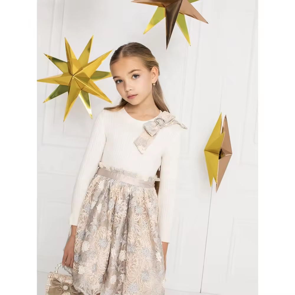 Custom Children Girl Winter Elegant Sweater Dress With Flower Hand Embroidery Wholesale High Quality Kids Clothes Factory