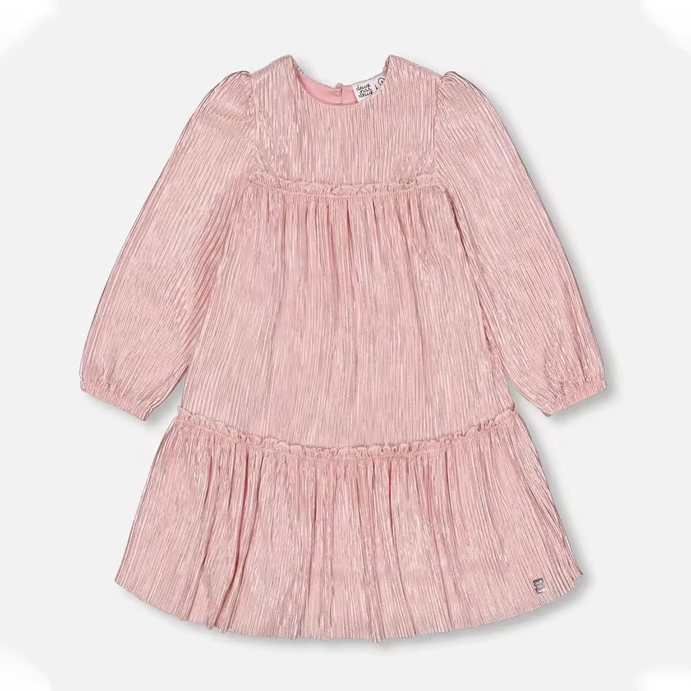 2025 Casual Autumn Pink Kids Frock Girls Dress With Long Sleeves and O-Neck Collar Fashionable Children Clothing for Children