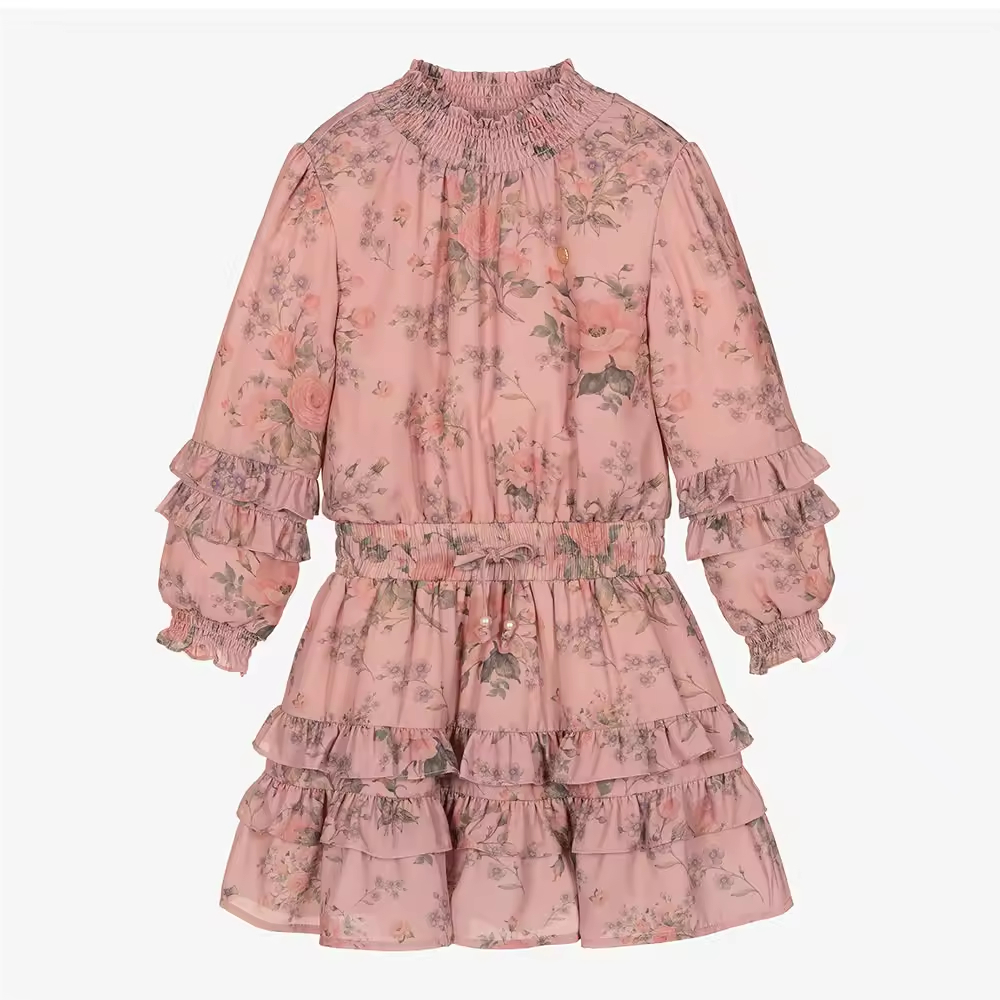 Custom Chiffon Children Girl Dress pink Flower Printed Kids Dresses Wholesale High Quality 6-14 Kids Clothing Factory