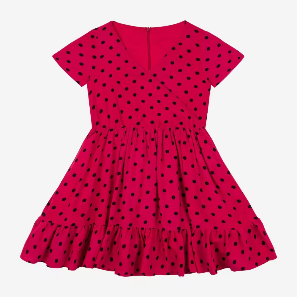 Casual Red Denim Dresses for Young Girls 15-Year-Old O-Neck Short Sleeve Dresses With Ruffles Age Group Children-Summer