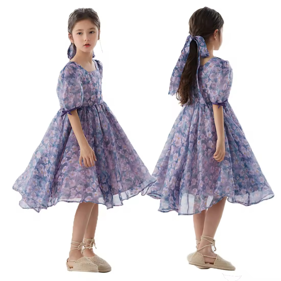 Casual Summer Cotton for Girls Aged 2 12 O-Neck Short Sleeve Denim Children's Clothing Knee-Length Ruffles Custom ODM Available