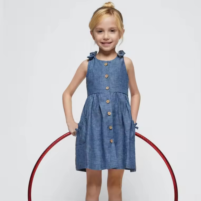 Private Label Lightweight Summer Baby Girls Jeans Dresses 2 Years Sexy Mini Denim Dress With Bow Tie Shoulder Customizable
