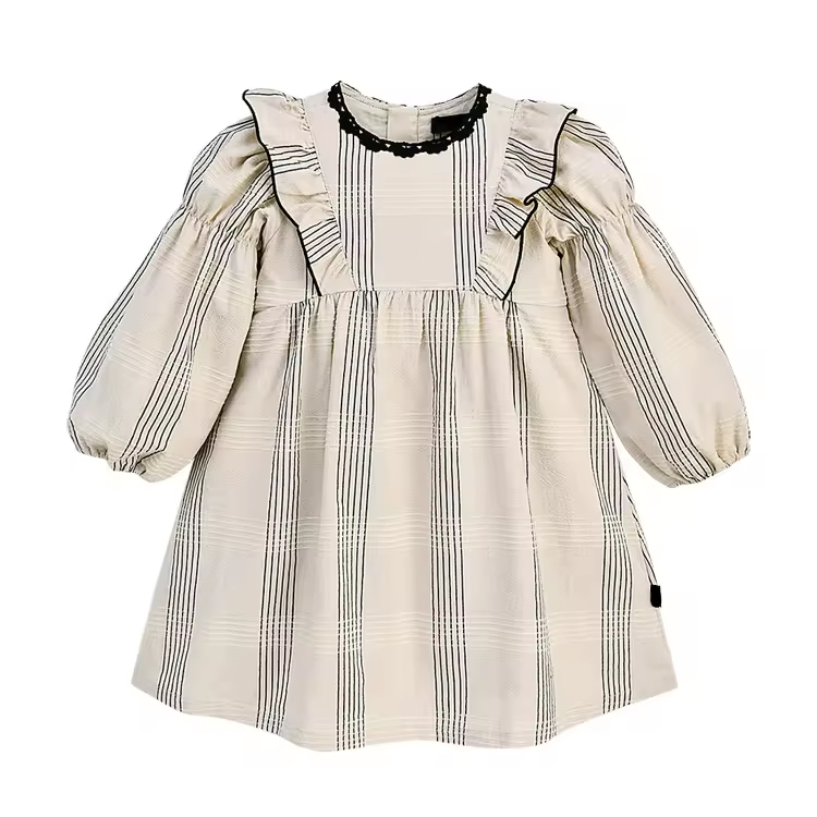 Boho Chic Baby Girl Dress Long Puff Sleeve Knee-Length Soft Cotton Cheap Price Plaid Pattern for Girls' Parties Woolen Fabric