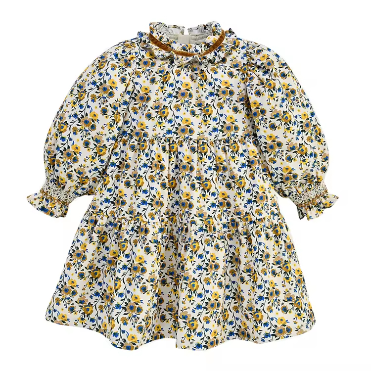 Casual Chic Fashionable Girls' Printed Chiffon Frock Knee-Length Long Sleeve Autumn Dress Cheap and Stylish