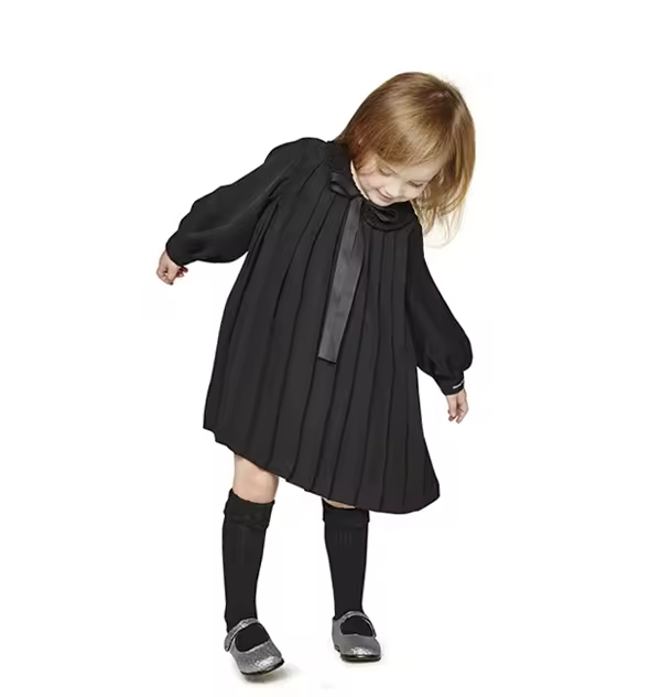 Fashionable Black Chiffon Puffy Frock Dress for 4-Year-Old Girls Pleated with Bow Decoration