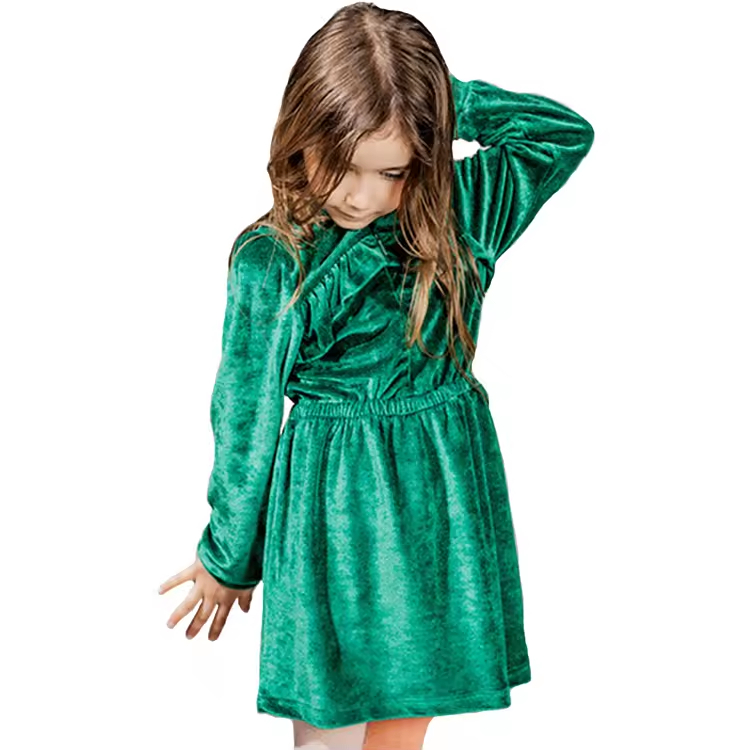 Green Elegant Velvet Dress for Girls Stylish Long Sleeve with Front Zipper Vintage Style Knee-Length for Winter