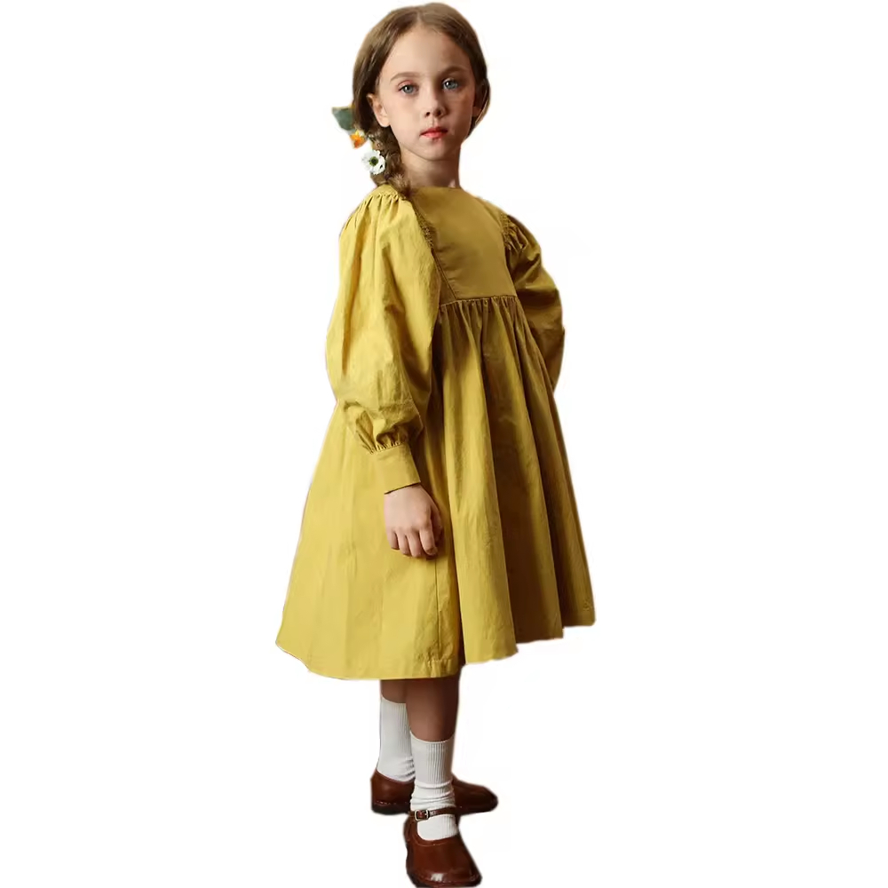 Loose Design Yellow Dress Puff Sleeves Dress for Girls 3-14 Years