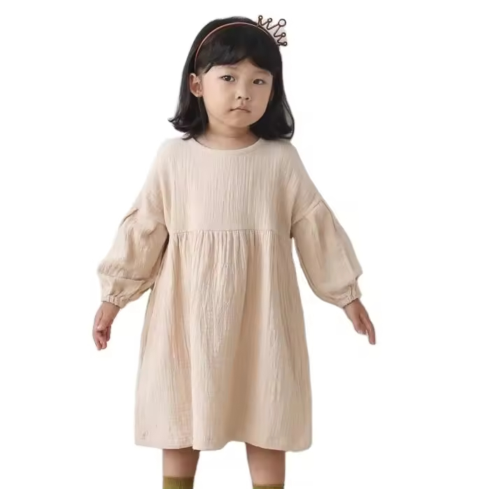 Guangzhou Factory Girl Dress Kids Organic Cotton Baby Clothes Linen Dress Long Sleeves Ruffle Girls Spring and Winter Dress