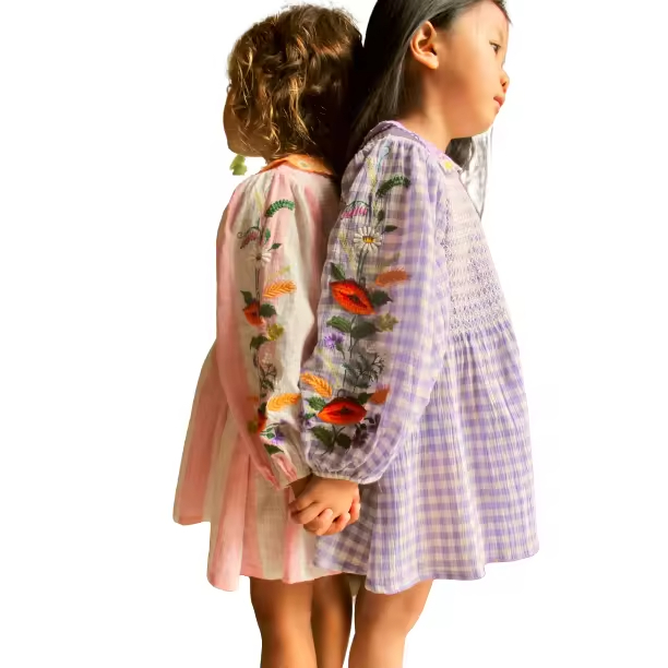 Customized Spring Cotton Plaid Toddler Girls Dresses Kids for Girls With Hand Embroidery on Sleeve Smocking Girls Dresses