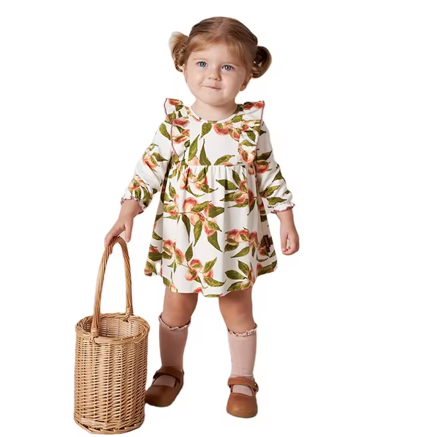 Custom Allover Reactive Print Toddler Girls Winter Dresses With Ruffle Long Sleeve Cotton Toddler Girls Dresses Manufacturer