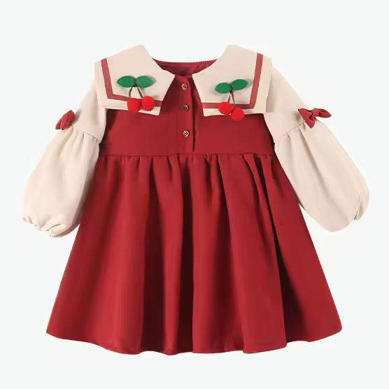 Fashion Causal Girls Dress Long Sleeve Handmade Decoration Turn- Down Collar Dress for Winter Kids Girls