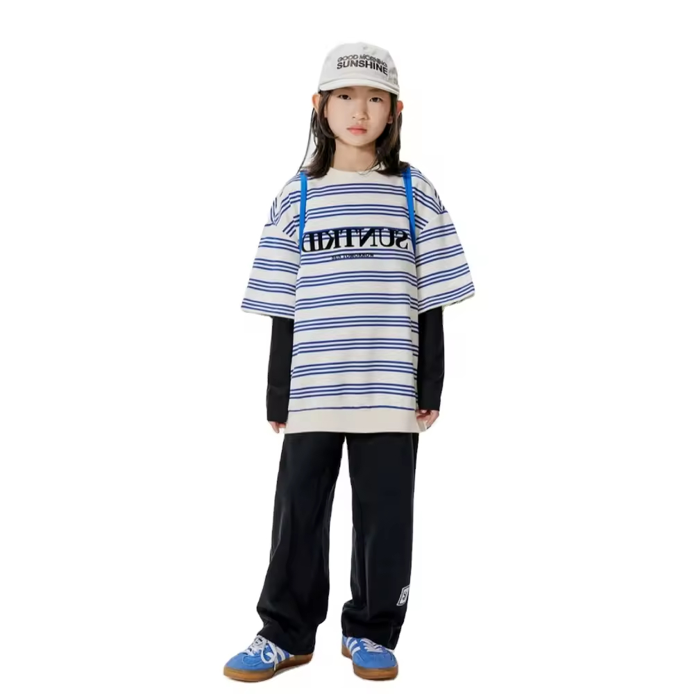 Casual Summer T-Shirts for Teen Girls Kids O-Neck T-Shirts Woven Fabric Design T-Shirts for Kids