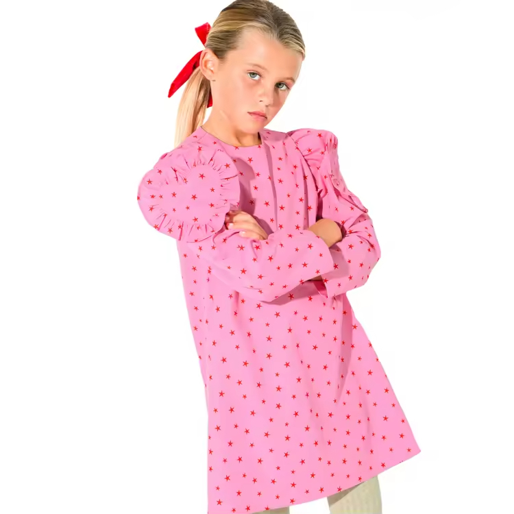 Guangzhou Manufacturer OEM Boutique Fashion Design Long Sleeve Kids Dress Stars Print Cotton Elegant Casual Dresses for Girls