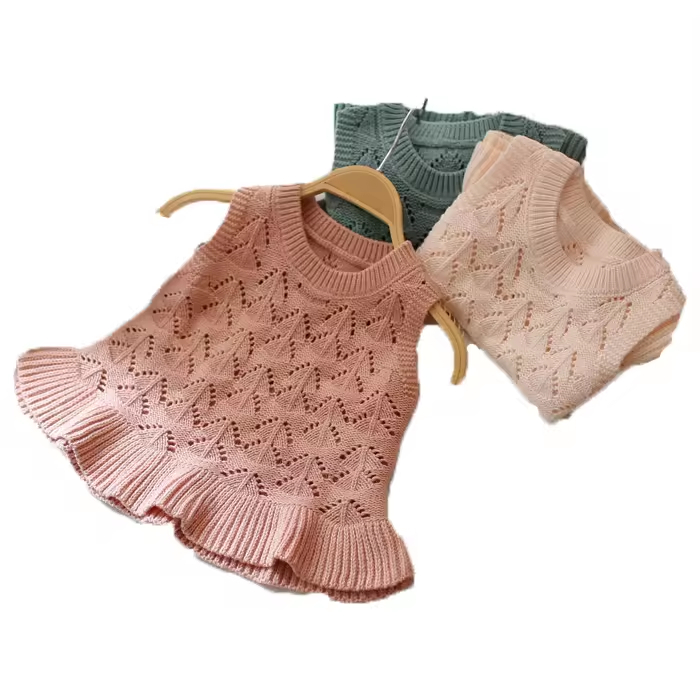 Guangzhou OEM Hot Fashion Solid Pattern Girls Knitted Dress Autumn Baby Clothes Customizable for Baby Girls