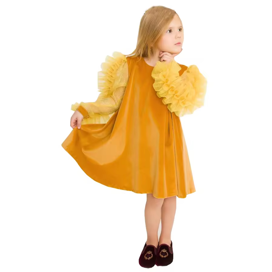 OEM & ODM Polyester Velour Kids Dresses for Girls Crocheted with Solid Pattern Mesh Ruffle on Sleeve for Autumn Season