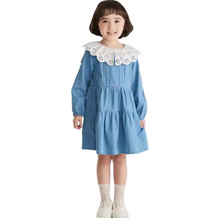 Guangzhou Manufacturer Fashion Newest Design Long Sleeve Girls' Dresses Lacework Collar Knee Length Denim Dress