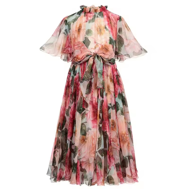 New Summer Clothing Light Weight Belt Bow Flare Sleeves Girls Graceful Dress Flora Dress