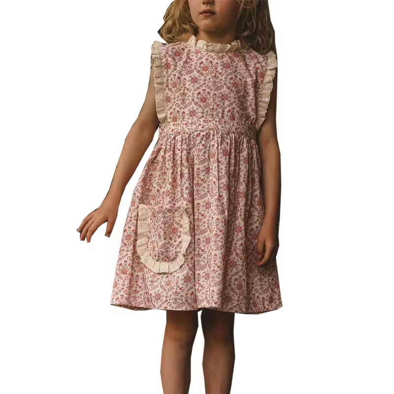 Hot Selling Vintage Beige Lace Collar Sleeveless Girls Dresses Natural Cotton Floral Dress With Pocket