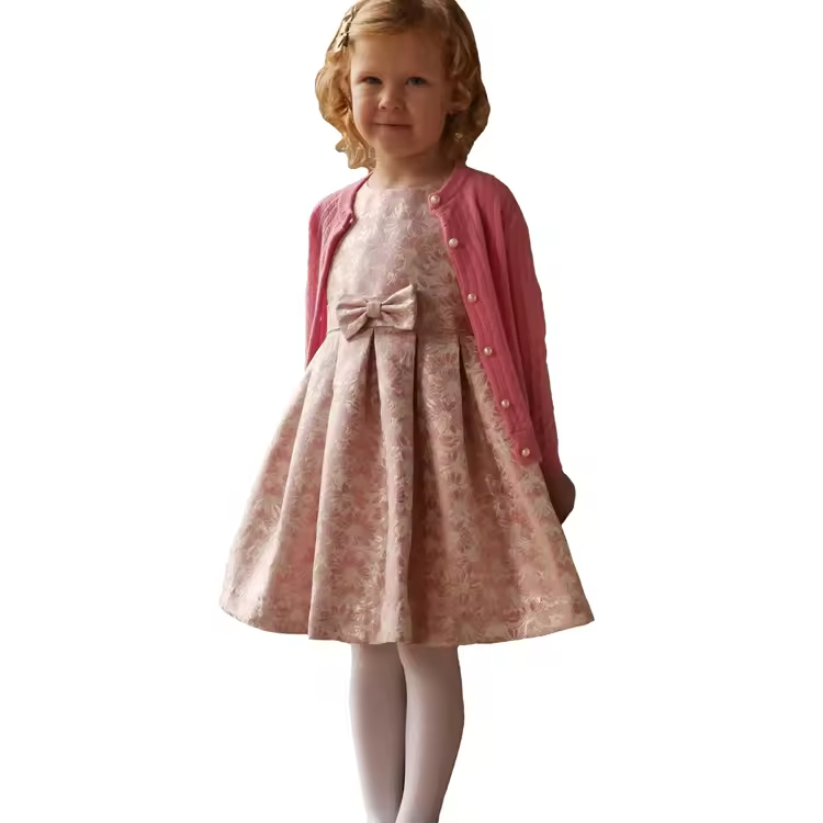 Best Price Custom Made Pink Flower Bowknot Dresses for Girls Fashionable Kids Party Clothing Sets for Baby Girls in Winter