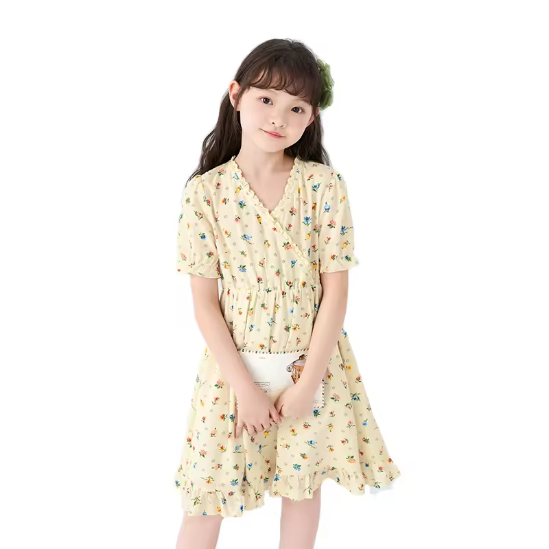Latest Summer Casual Short Sleeve Kids Cotton Dresses for Girls With Ruffles Decoration for 10 Year Old Teens