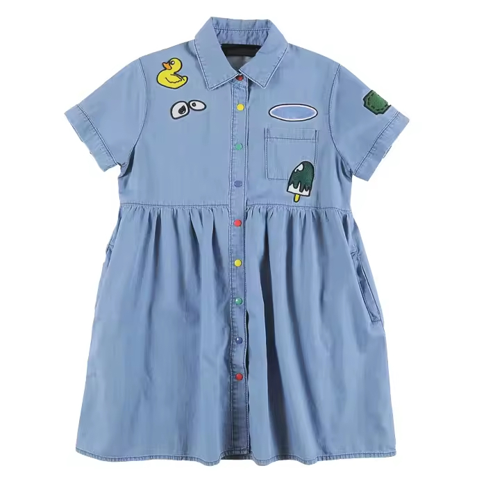 Casual Denim Dresses for Children Short Sleeve Patchwork Design With Appliques Sustainable Summer Spring Baby Girl Dress 2024