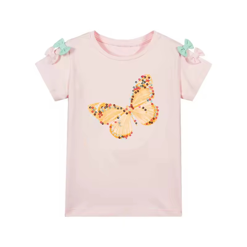 Summer Fashion Kids T Shirt With Pretty butterfly Printing Sequin Cotton Girls T-shirt