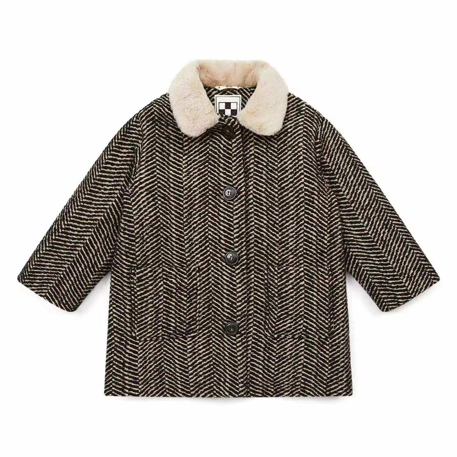 Guangzhou Private Label Fashionable Girls Winter White Long Jacket Coat Removable Rabbit Fur Collar New Tweed for Teenage Girls