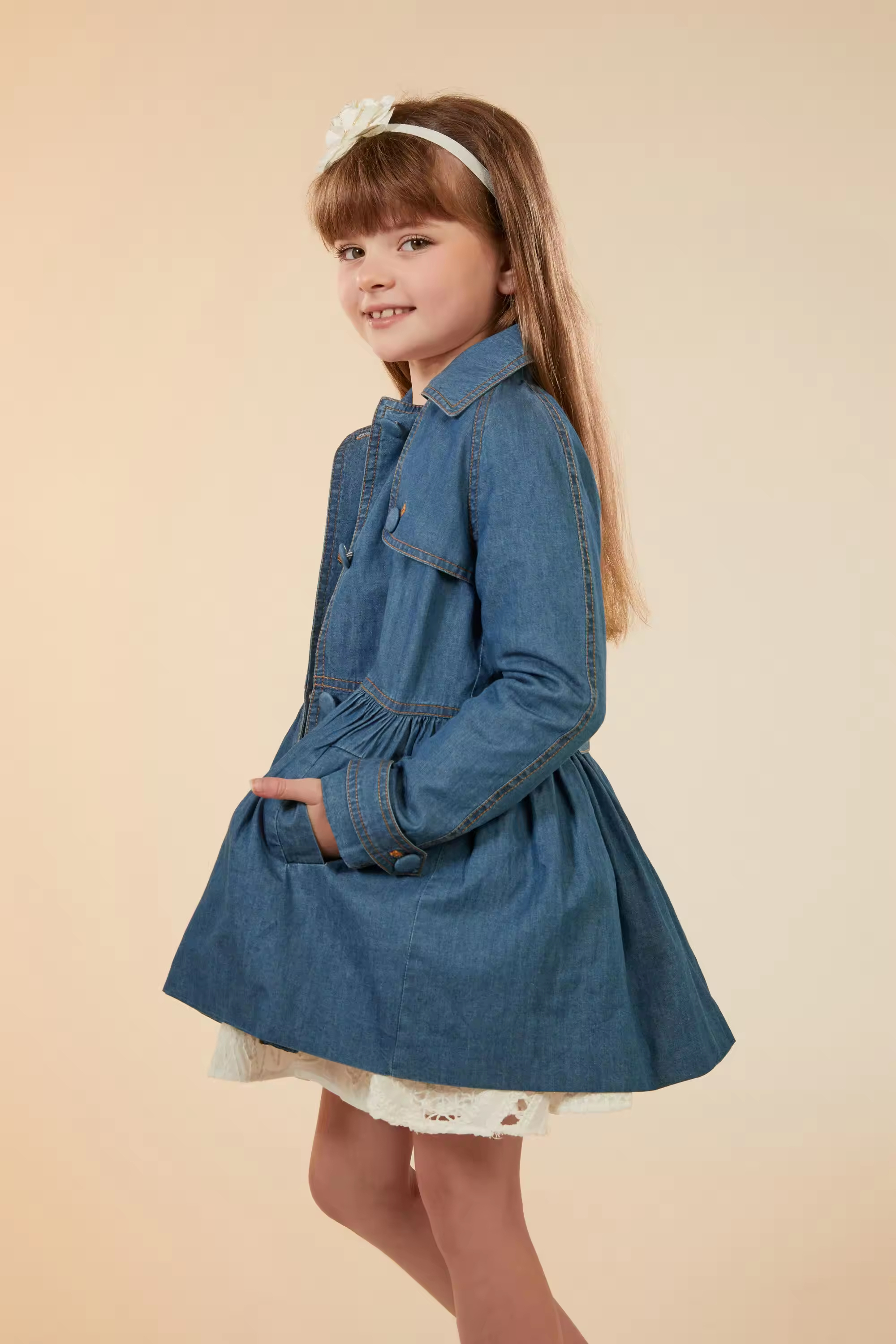 Custom Brand Classical Style Denim Trench Coat for Kids Girls Winter Fall Outerwear & Coats