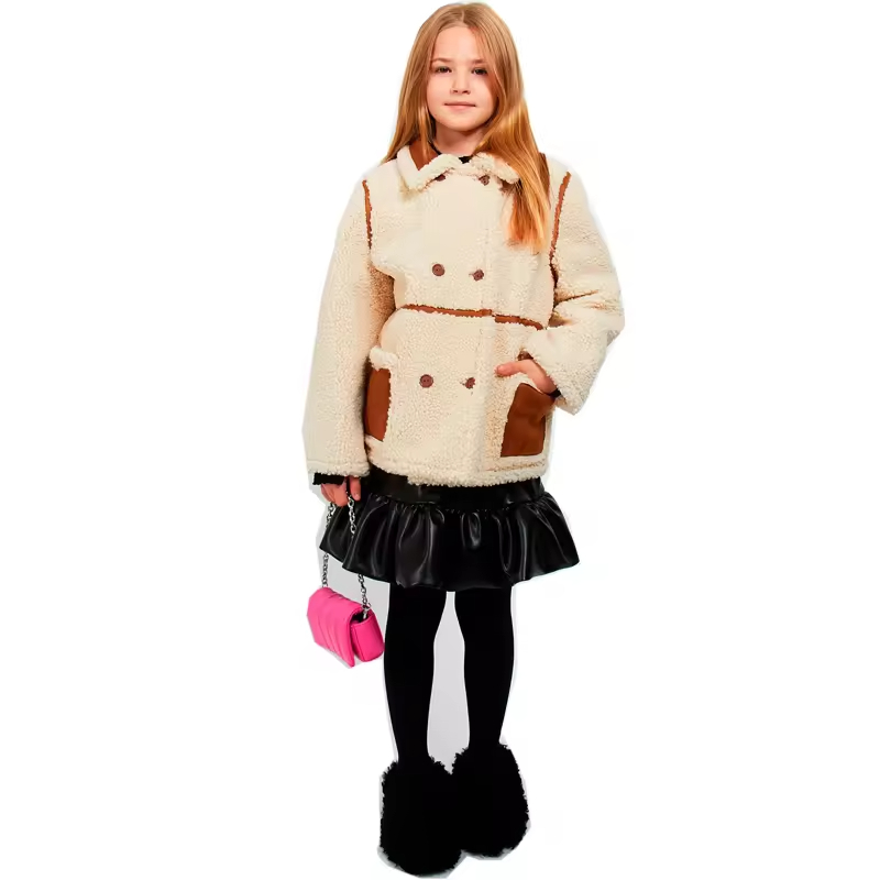 2025 Custom Fashion Sherpa Jackets Outerwear Double-breasted Coat Suede Warm Kids Coat Winter Girl