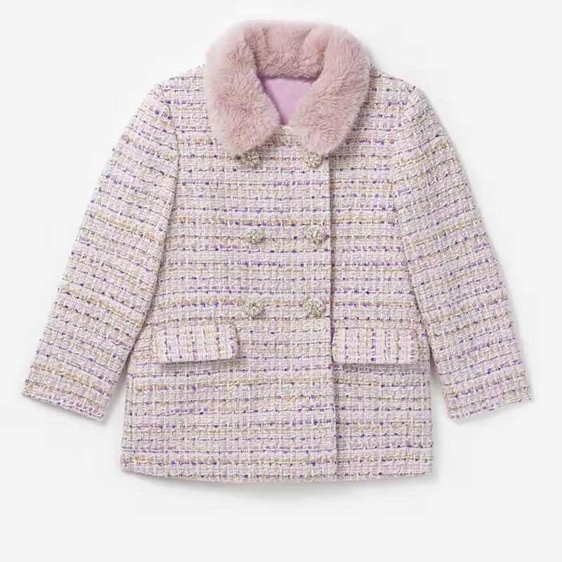 Elegant Open Front Purple Tweed Blazer with Fur Collar Winter Fashion Jacket for Teenage Girls Kids Coat & Outwear